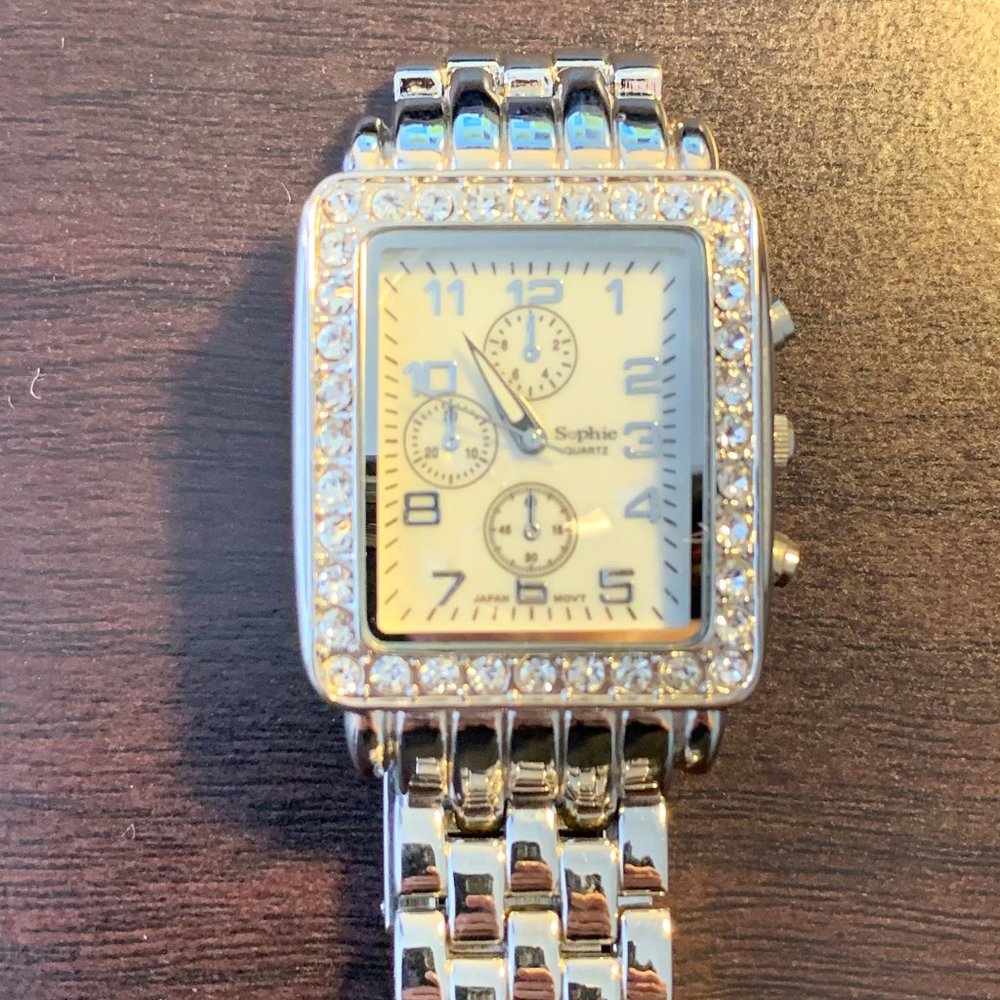 Jeweled Stainless Steel Analog Rectangle Watch